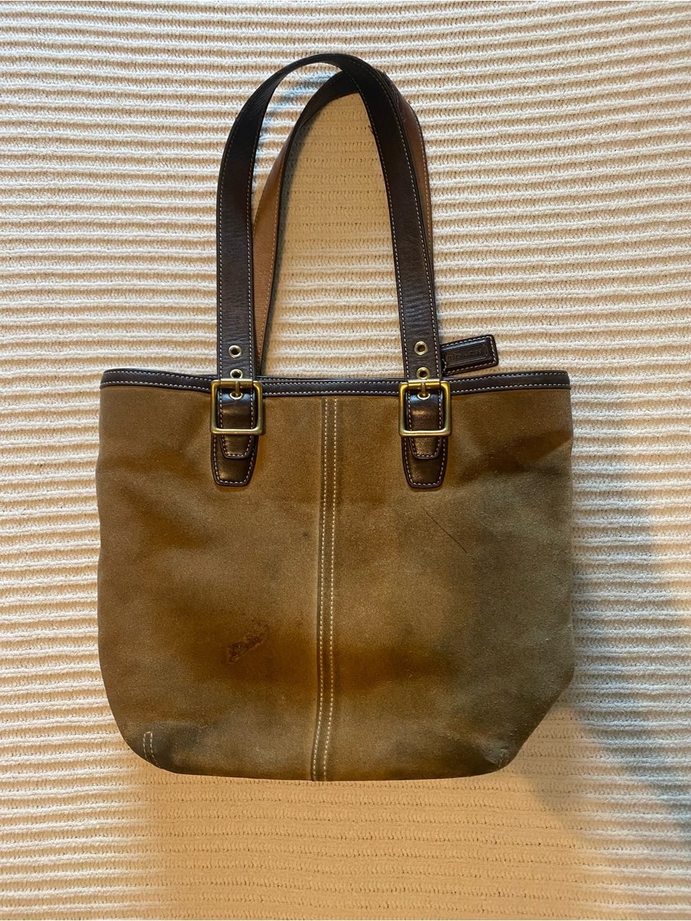 Coach Brown Suede Tote with Dark Brown Leather Straps and Brass Hardware